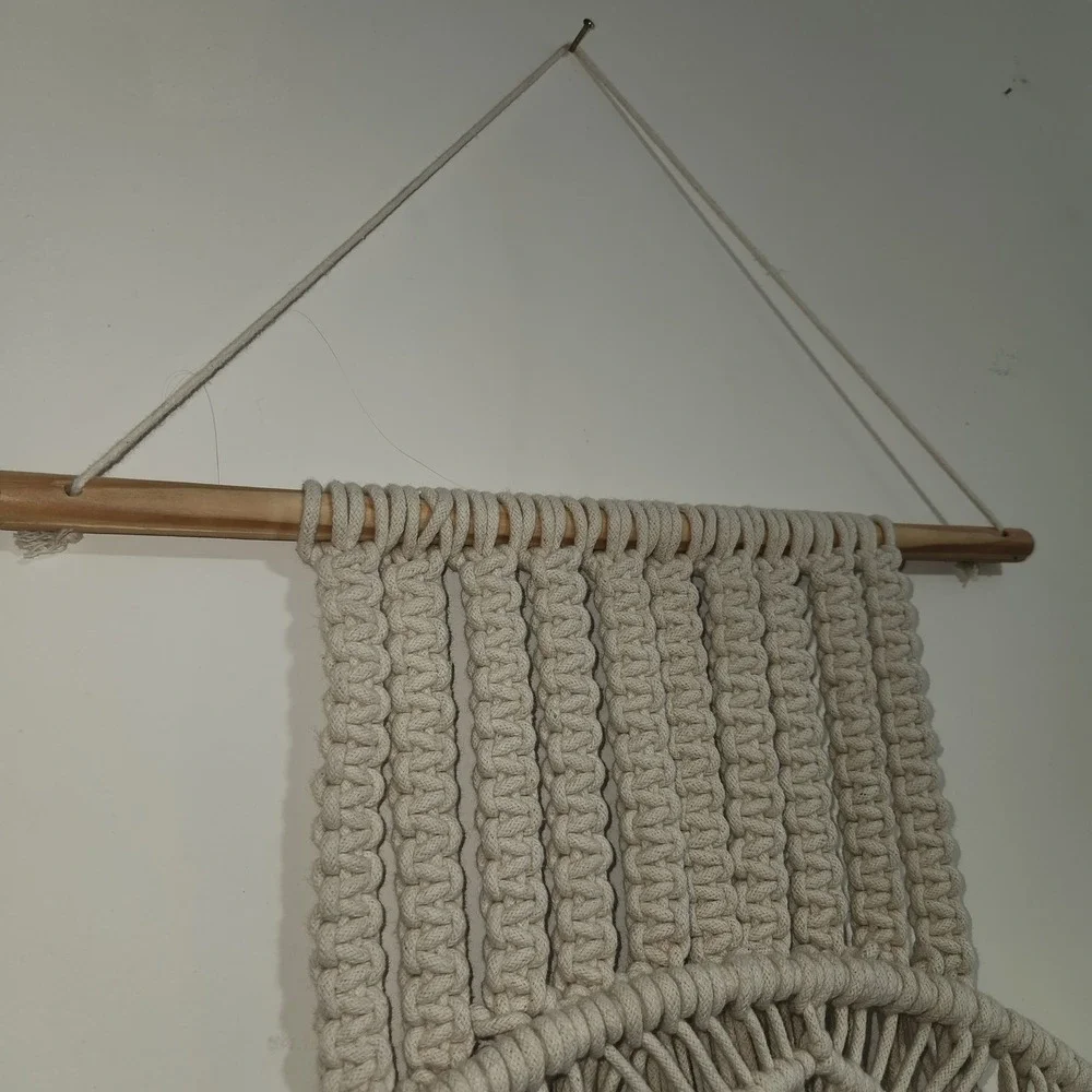 Large Boho Macrame Wall Hanging Mirror Cream Cotton Fringe 20x58 Wood Bead Decor